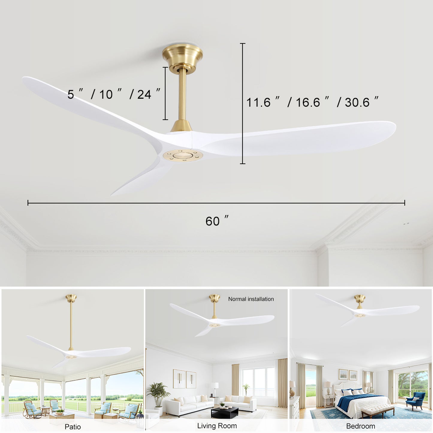 60 Inch Indoor Modern ABS Smart Ceiling Fan With 6 Speed Remote Control Reversible DC Motor For Bedroom