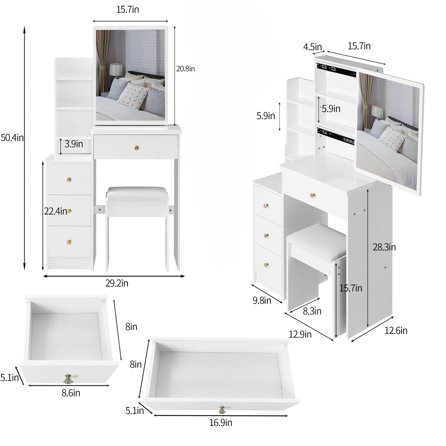 Small Size Left Bedside Cabinet Vanity Table + Cushioned Stool, Extra Large Sliding Mirror, Multi Layer, High Capacity Storage Fashionable Dresser, Suitable for Small Space, EPA,GCC,UL Certificate