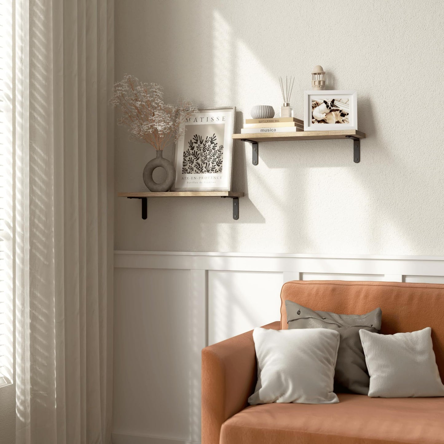 Rustic Wood Shelves Set of 2, Farmhouse Style Floating Shelf for Wall Décor, Hanging Shelves for Room