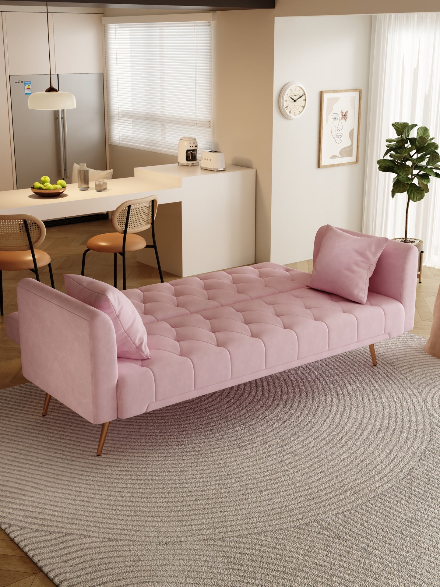 71 inch convertible love seat sofa, American retro pink velvet, suitable for small living room, bedroom, office