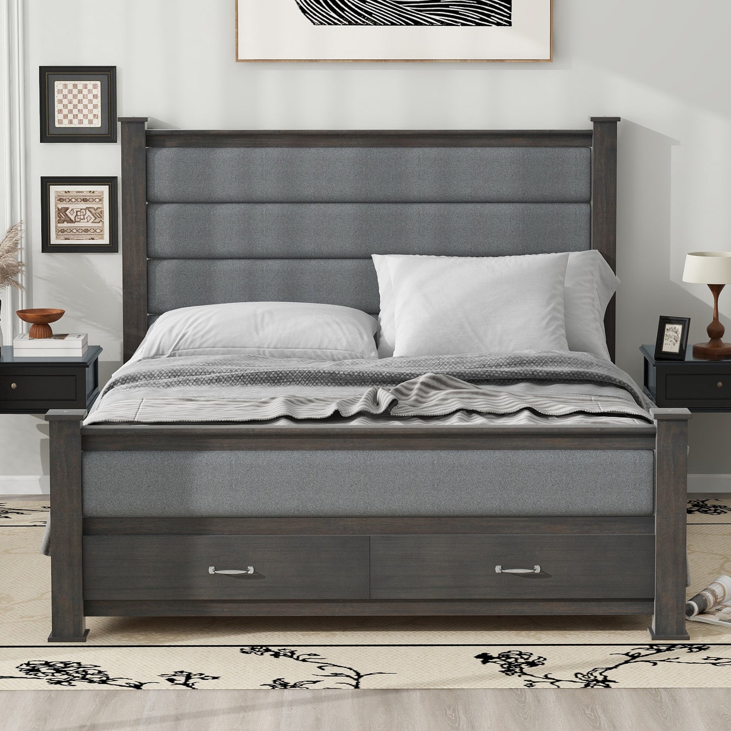 Queen Size Wood Frame Platform Bed with Upholstered Headboard, Footboard and 2 Drawers, Antique Gray