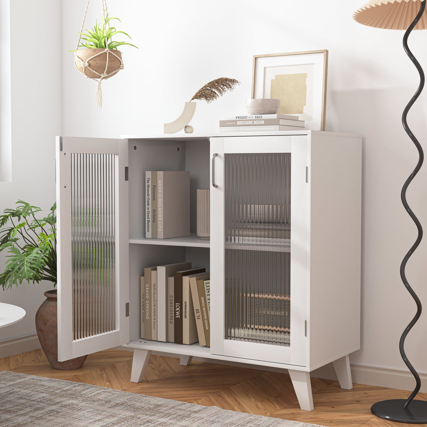 Modern Living Room Cabinet Storage Organizer with 2 Glass Doors and Adjustable Shelf White