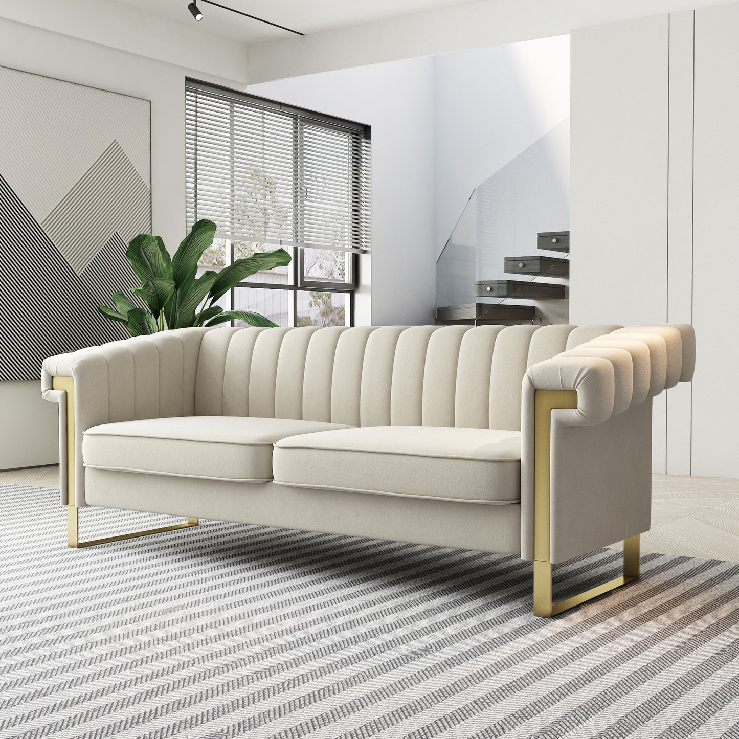 FX-P81-CW2  SOFA  Modern Cream Velvet Sofa with Gold Accents - Sleek Channel-Tufted Upholstery, 3-Seat Couch for Living Room and Office Decor(TEMU Suitable)