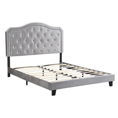 Upholstered Bed Button Tufted with Curve Design - Strong Wood Slat Support - Easy Assembly - Light Grey Velvet - With LED light-platform bed - Queen