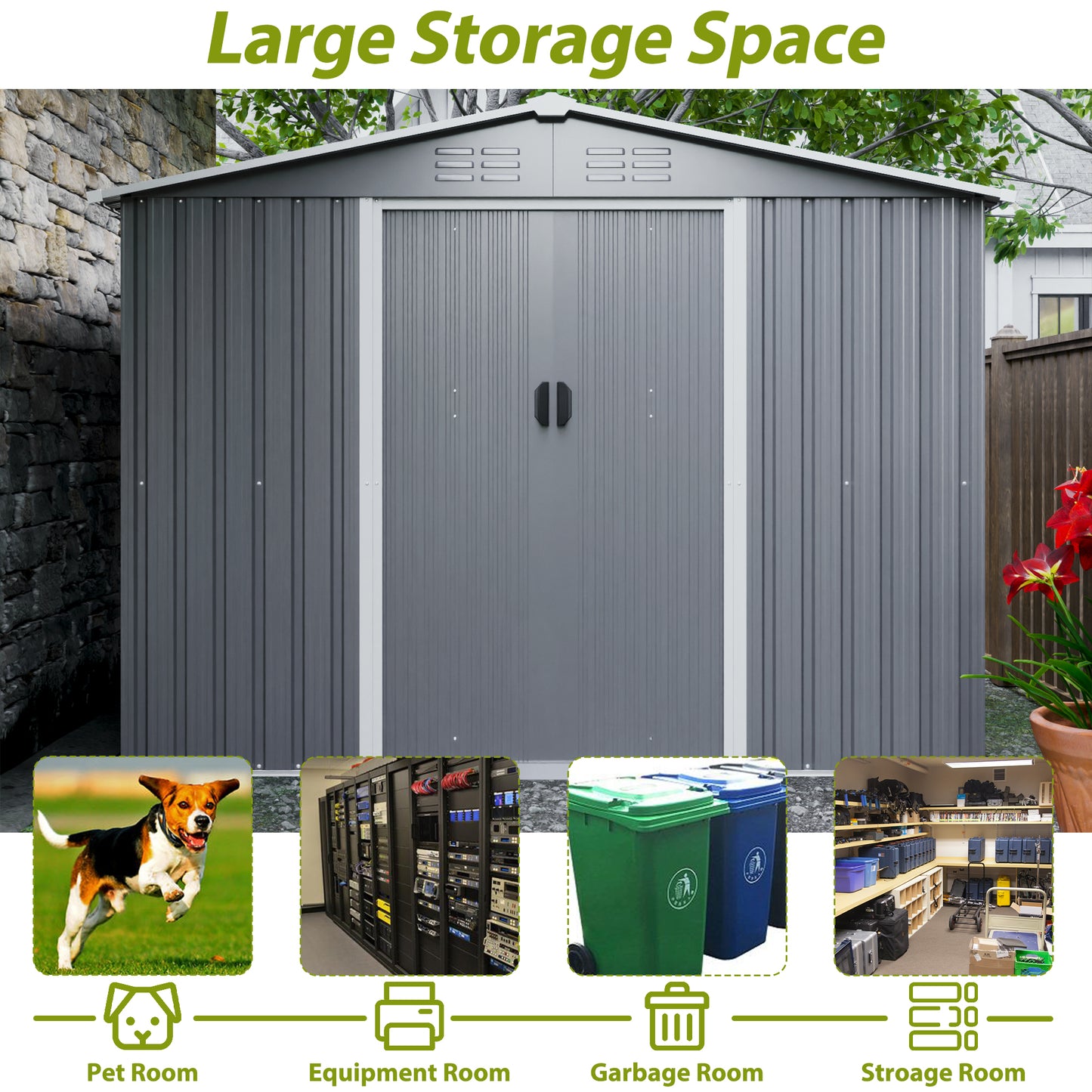 8x6 FT Outdoor Tool Storage Shed with Metal Foundation & Lockable Doors,  All Weather Metal Sheds for Garden, Patio, Backyard, Lawn, Gray