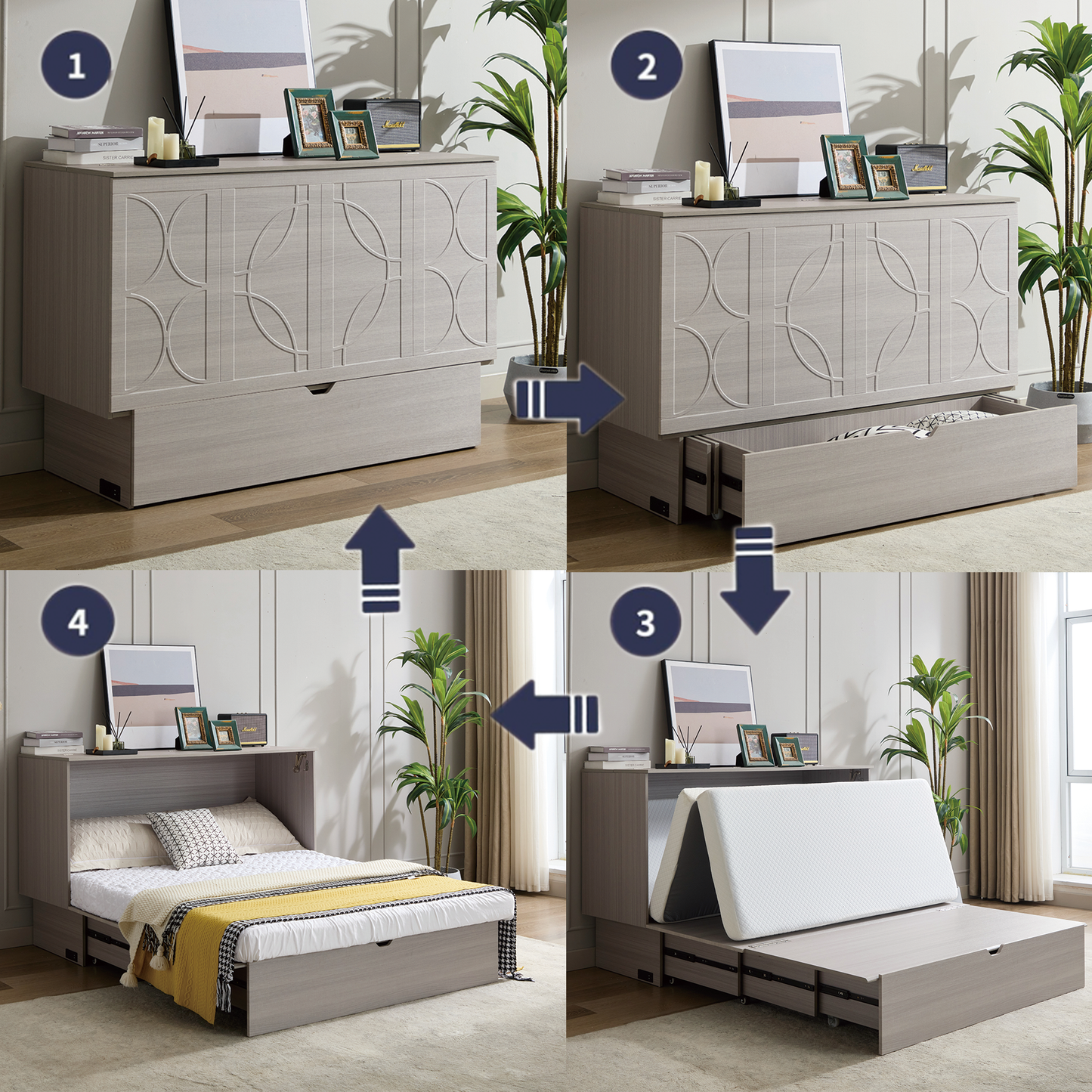 [NEW ARRIVED] [VIDEO PROVIDED]Cabinet Bed with Storage, Queen Bed ,Folding Foam Mattress & Oversized Drawers, Murphy Bed , Set of Sockets & USB Ports,Space-Saving Folding Murphy Bed , Gray