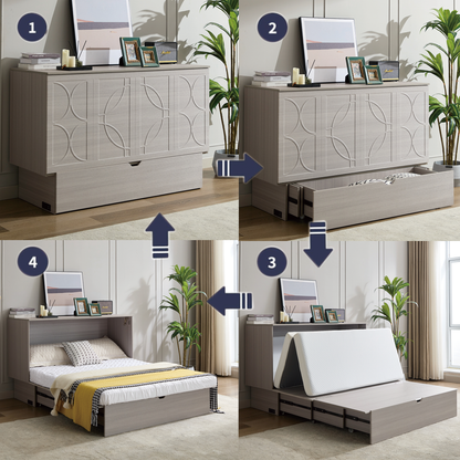 [NEW ARRIVED] [VIDEO PROVIDED]Cabinet Bed with Storage, Queen Bed ,Folding Foam Mattress & Oversized Drawers, Murphy Bed , Set of Sockets & USB Ports,Space-Saving Folding Murphy Bed , Gray