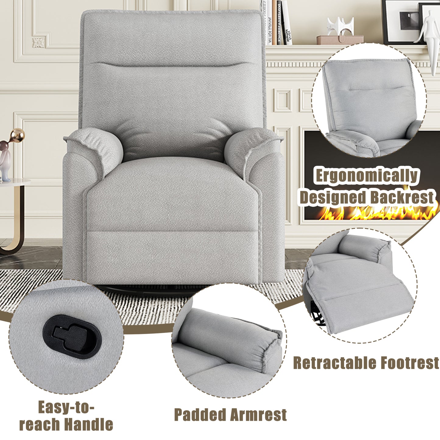 360 Degree Swivel Upholstered Manual Recliner Chair Theater Recliner Sofa Nursery Glider Rocker for Living Room, Grey