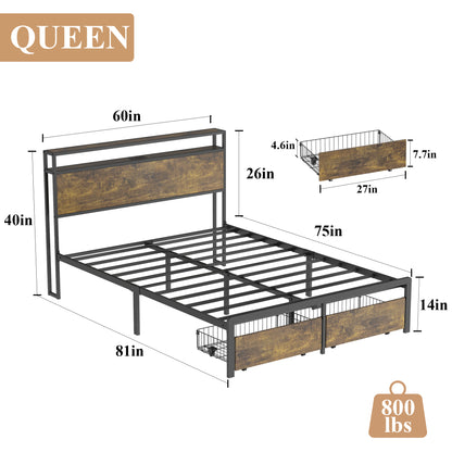 Queen Bed Frame with LED Lights and Charging Station - Robust Metal  Wood Construction, Rustic Wood Platform Bed Frame with 2 Drawers, No Box Spring Needed, Noise Free, Vintage Brown, Easy Assemble