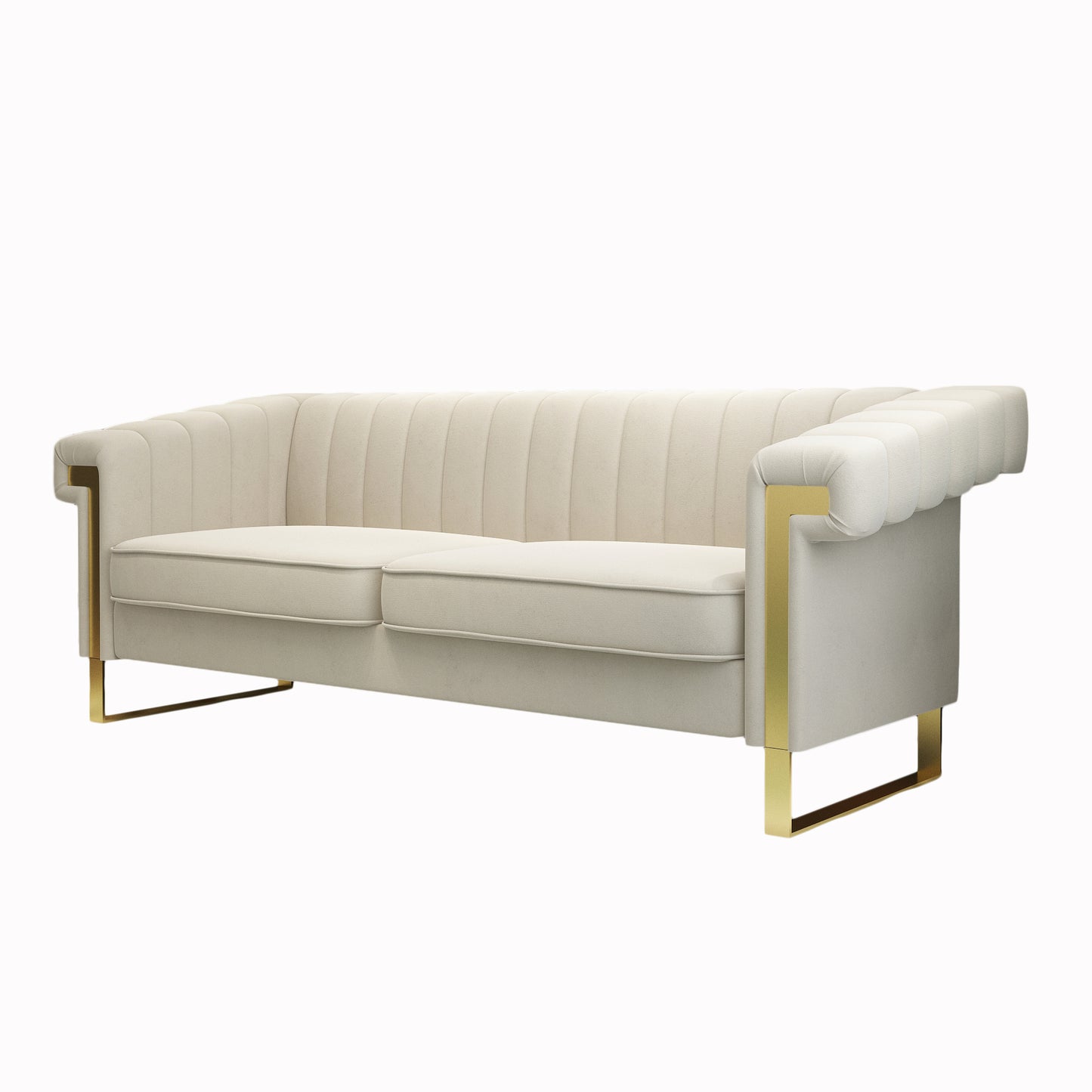 FX-P81-CW2  SOFA  Modern Cream Velvet Sofa with Gold Accents - Sleek Channel-Tufted Upholstery, 3-Seat Couch for Living Room and Office Decor(TEMU Suitable)