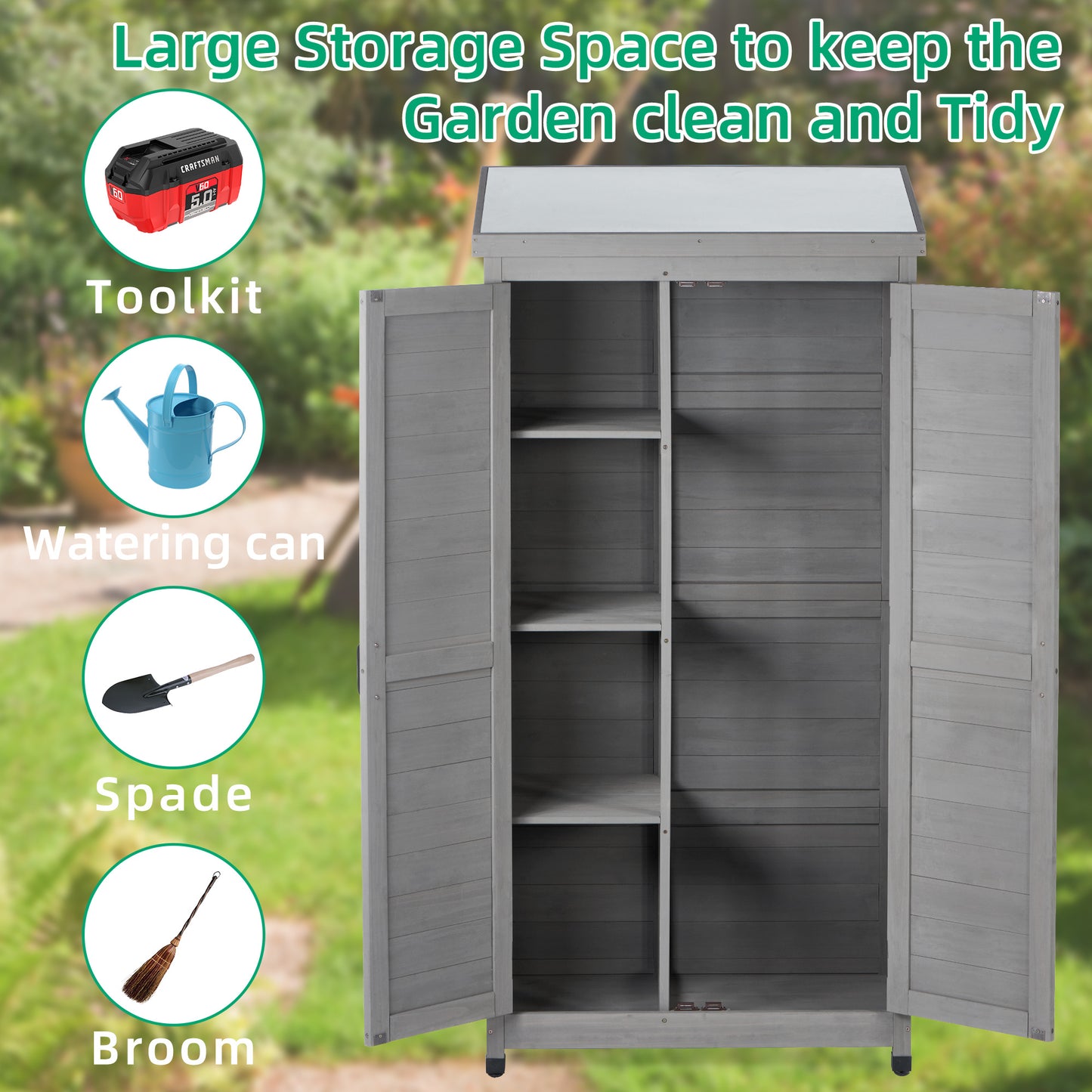 Outdoor Storage Cabinet and Metal Top,Garden Storage Shed,Outdoor 68 Inches Wood Tall Shed for Yard and Patio