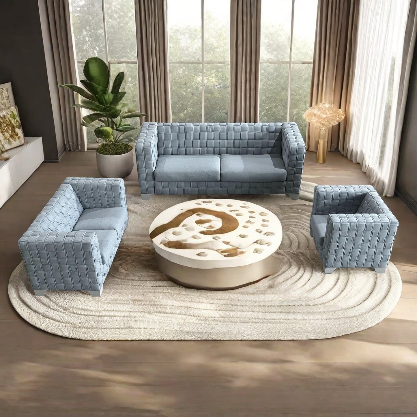 FX-D1 SOFA SET Include Chair Loveseat And Sofa Light Blue ColorLinen &  White color sofa legs