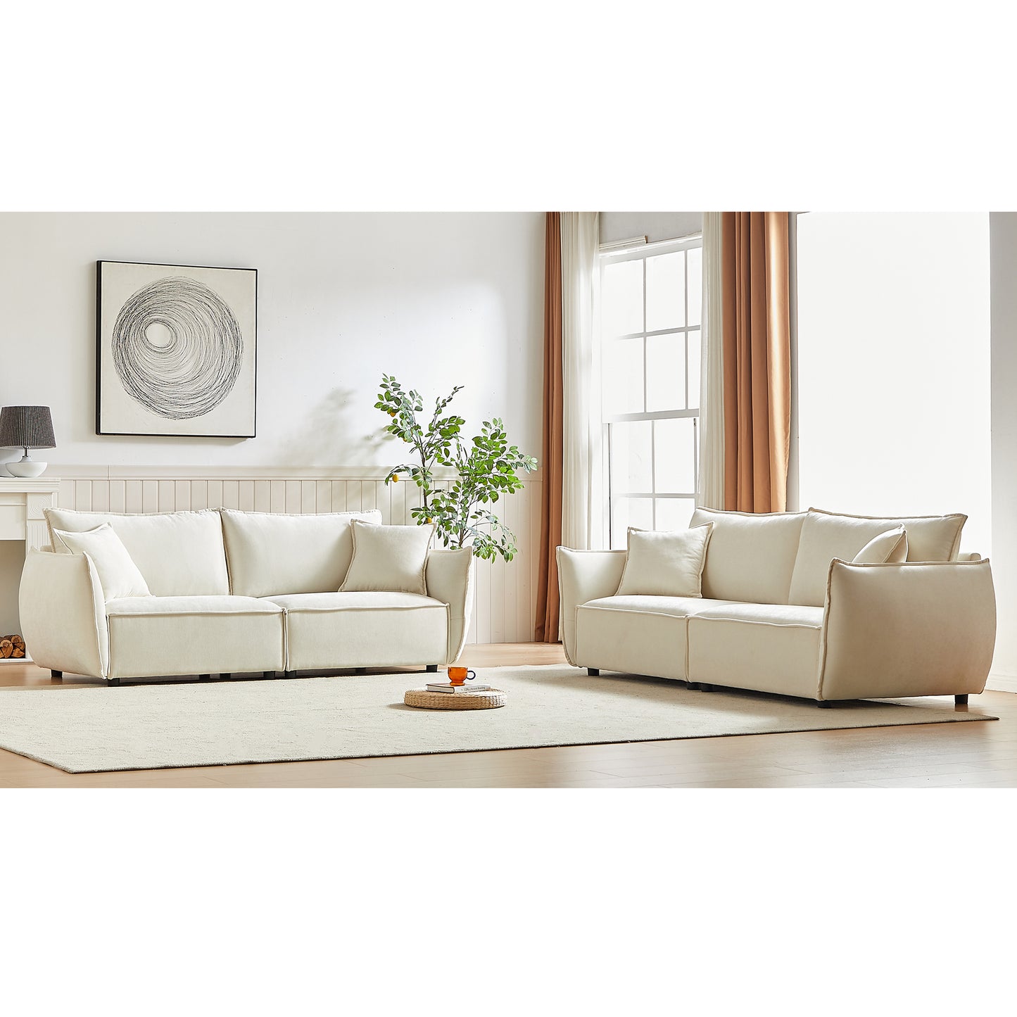 3-Seater + 3-Seater Combo Sofa Modern Living Room Sofa, Linen Fabric Sofa, Wooden Frame with 4 Pillows, Apartment Sofa Furniture