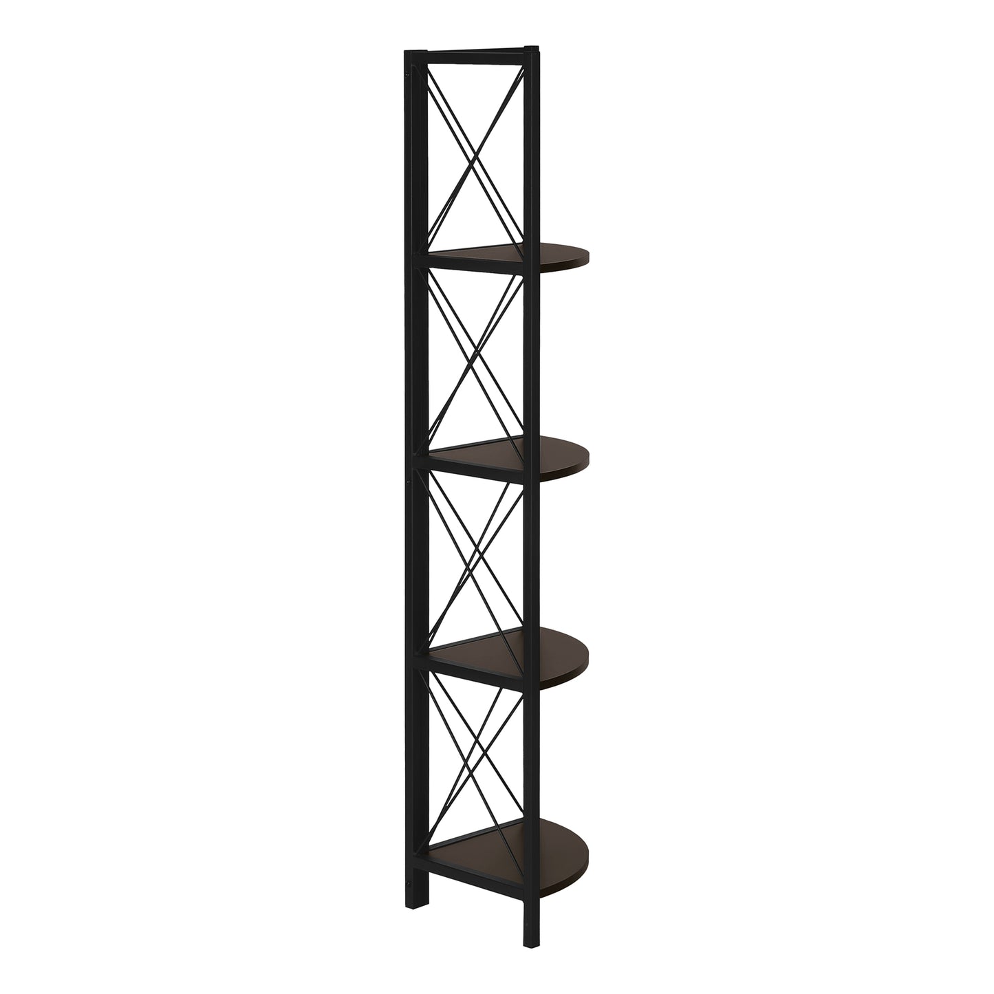 Bookshelf, Bookcase, Etagere, Corner, 4 Tier, 60"h, Office, Bedroom, Brown Laminate, Black Metal, Contemporary, Modern