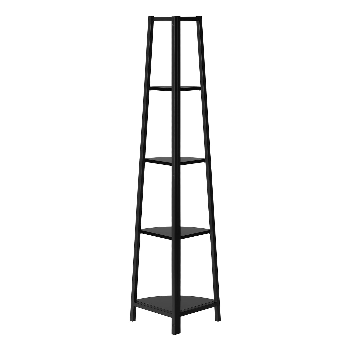 Bookshelf, Bookcase, Etagere, Corner, 4 Tier, 60"h, Office, Bedroom, Black Laminate, Black Metal, Contemporary, Modern