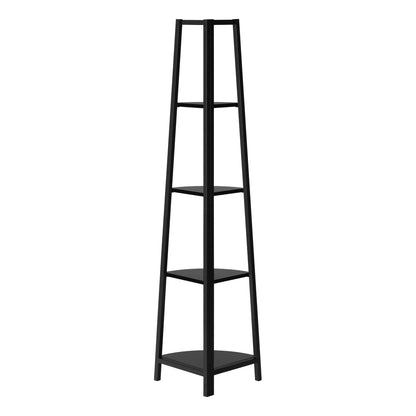 Bookshelf, Bookcase, Etagere, Corner, 4 Tier, 60"h, Office, Bedroom, Black Laminate, Black Metal, Contemporary, Modern