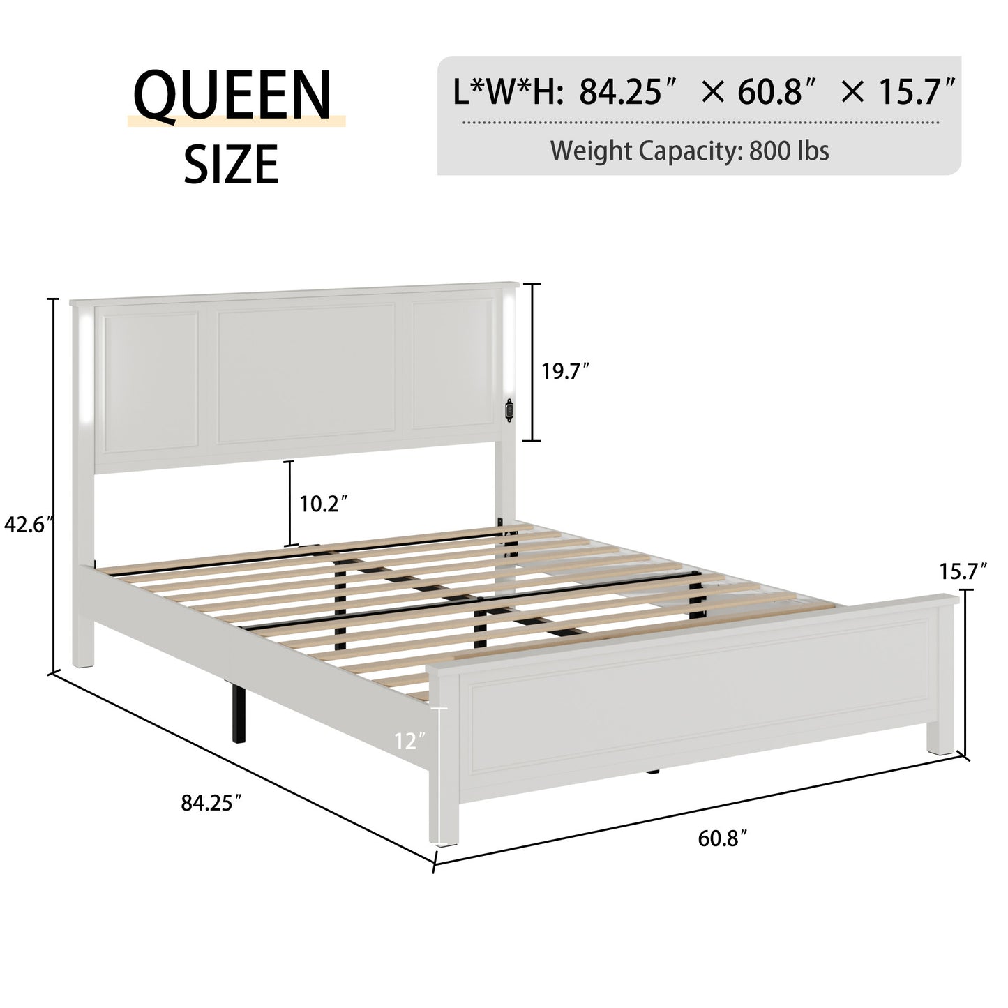 Queen Size Bed Frame,  Platform Bed Frame with Wood Headboard and Footboard,Charging Station and LED Lights, 12 Wood Slats Support, No Box Spring Needed , Antique White