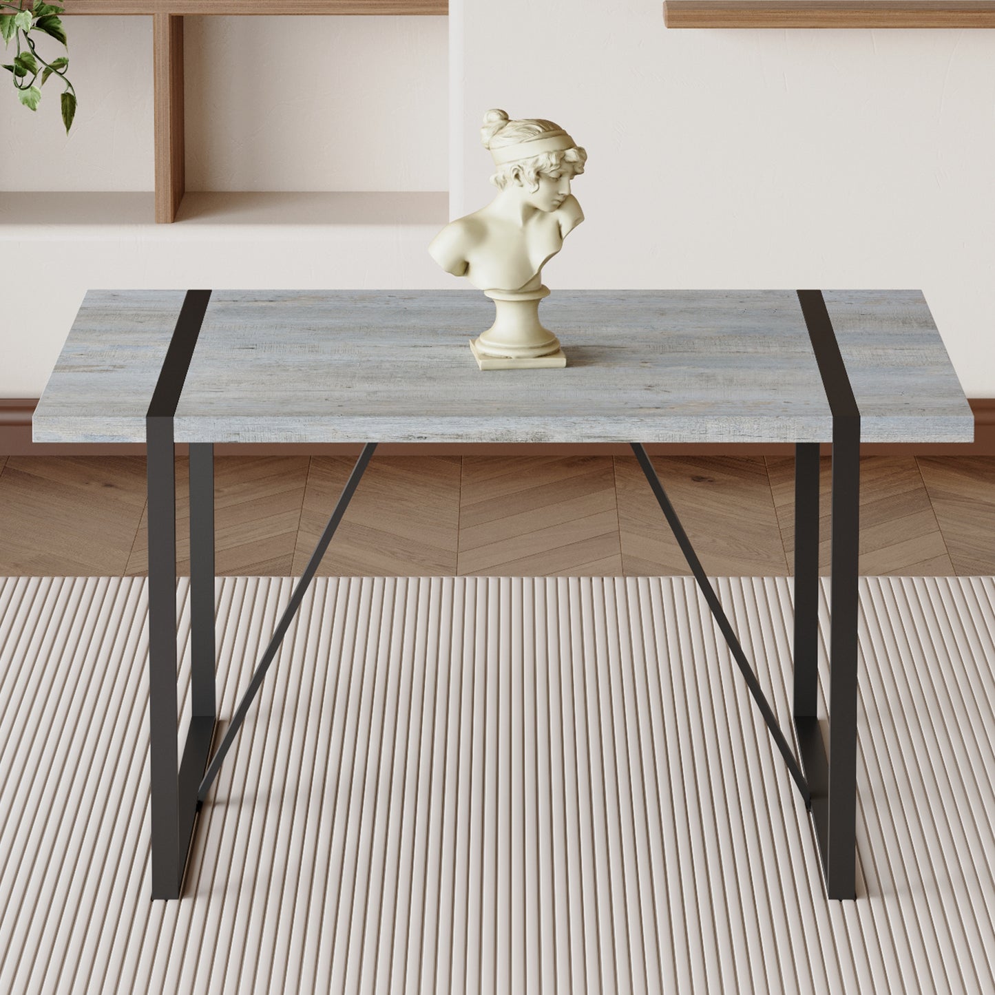 Industrial Rectangular MDF Light Grey Patterned Dining Table for 4-6 people with 1.5 inch thick MDF top and black metal legs for desks, kitchens, patios, dining rooms