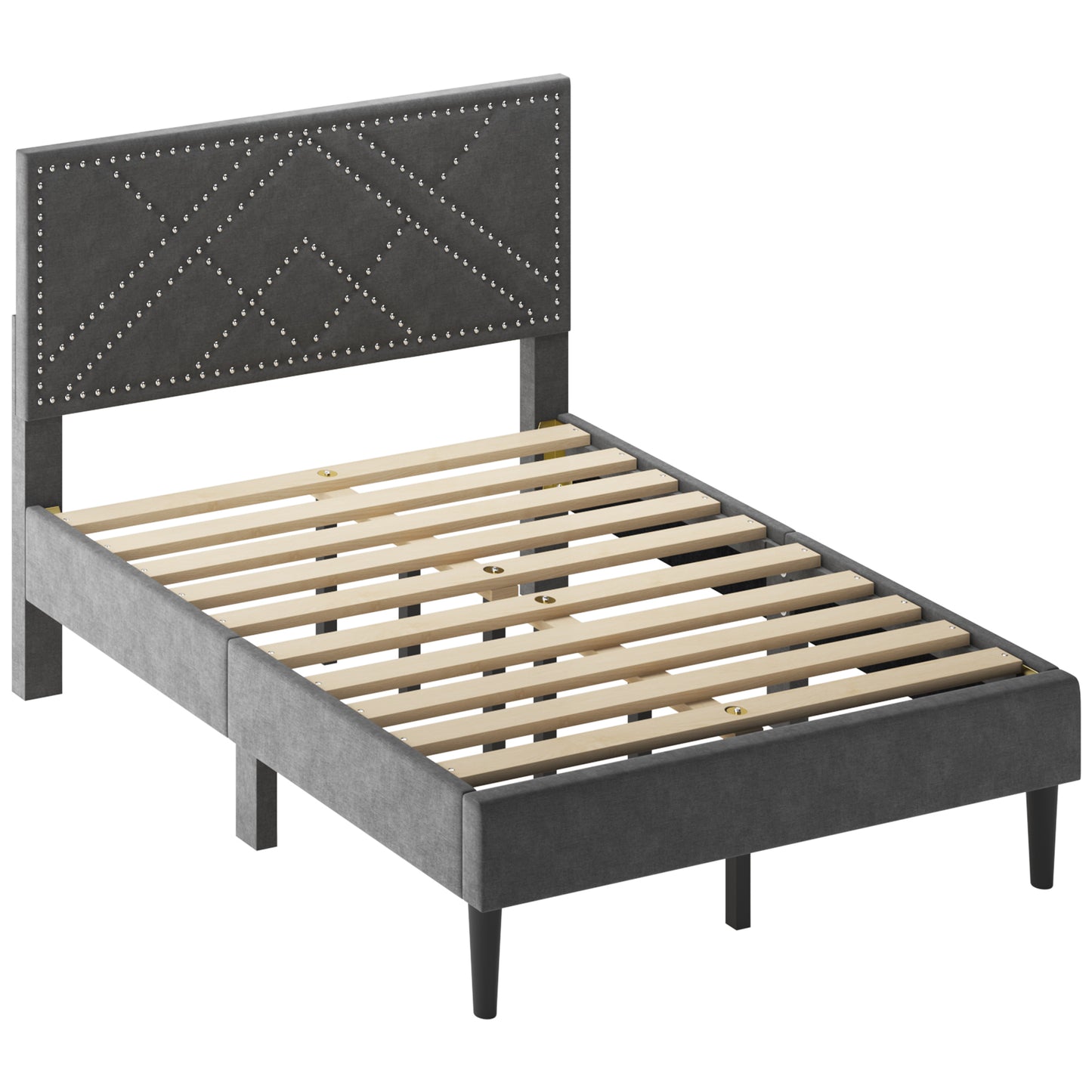 Full Size Bed Frame with Storage Headboard, Metal Platform Bed No Noise, Mattress Foundation Strong Metal Slats Support No Box Spring Needed