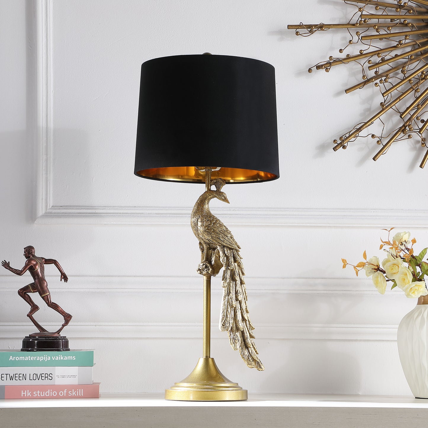 29" In Modern Elegance Golden Peacock On A Pedestal Polyresin Table Lamp