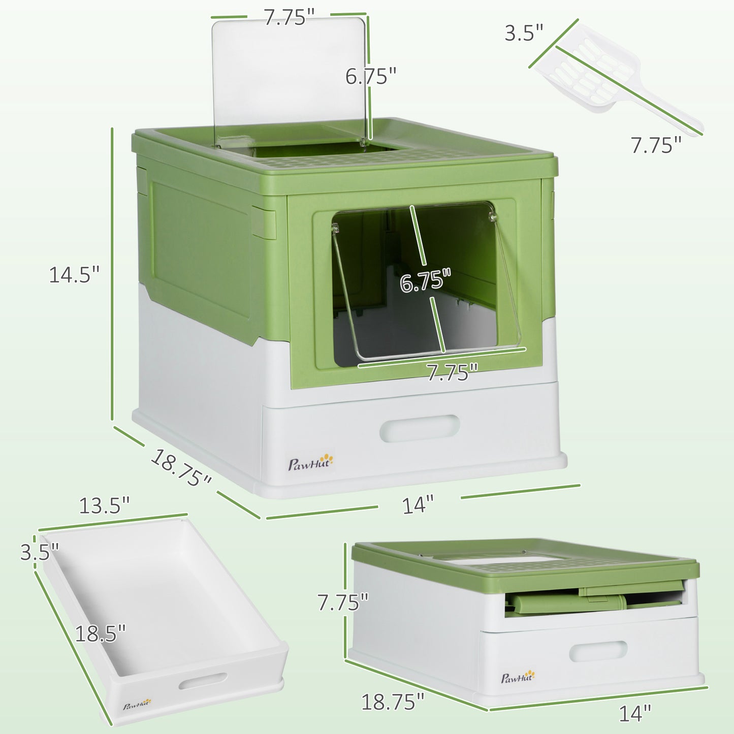 PawHut Fully Enclosed Cat Litter Box with Scoop, Hooded Cat Litter House with Drawer Type Tray, Foldable Smell Proof Cat Potty with Front Entry, Top Exit, Large Space, Yellowish Green