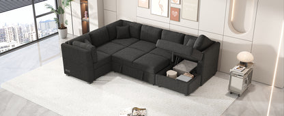 108.6" U-shaped Sectional Sofa Pull out Sofa Bed with Two USB Ports, Two Power Sockets, Three Back Pillows and a Storage Chaise for Living Room, Black