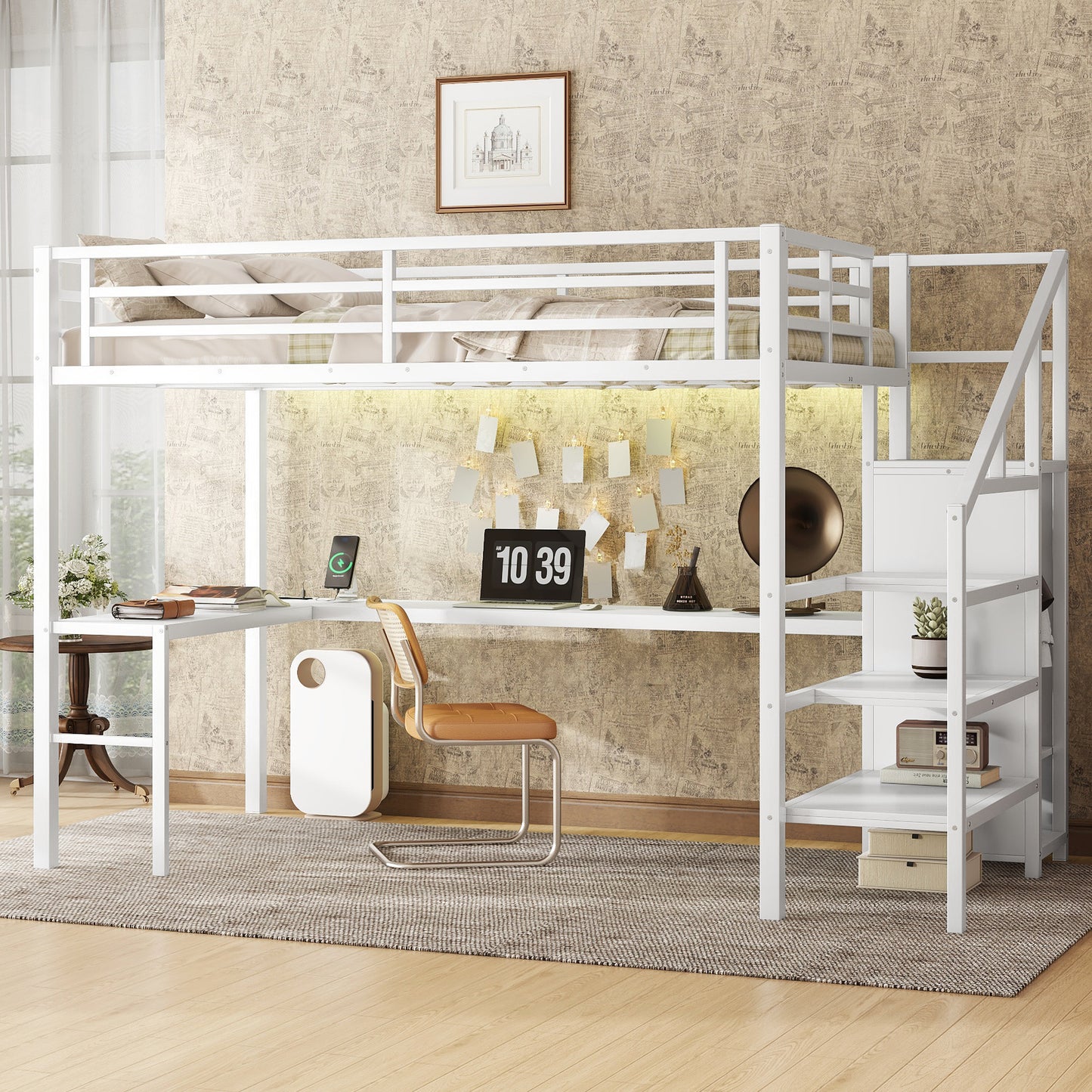 Full Size Loft Bed with L-shaped Desk and USB, Metal Loft Bed with Wardrobe and Adjustable Shelf, High Loft Bed with LED for Kids Teens Adults, White