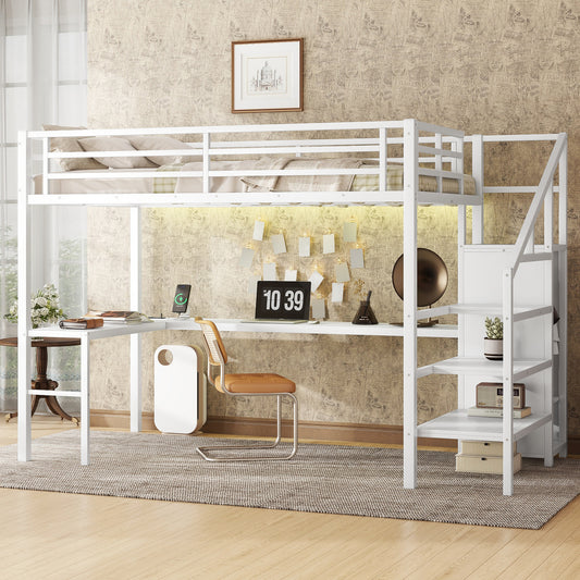 Full Size Loft Bed with L-shaped Desk and USB, Metal Loft Bed with Wardrobe and Adjustable Shelf, High Loft Bed with LED for Kids Teens Adults, White