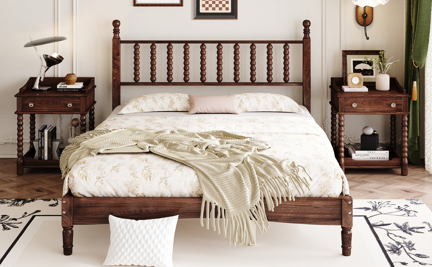 Queen Size Wood Platform Bed with Gourd Shaped Headboard,Retro Style Platform Bed with Wooden Slat Support,Walnut