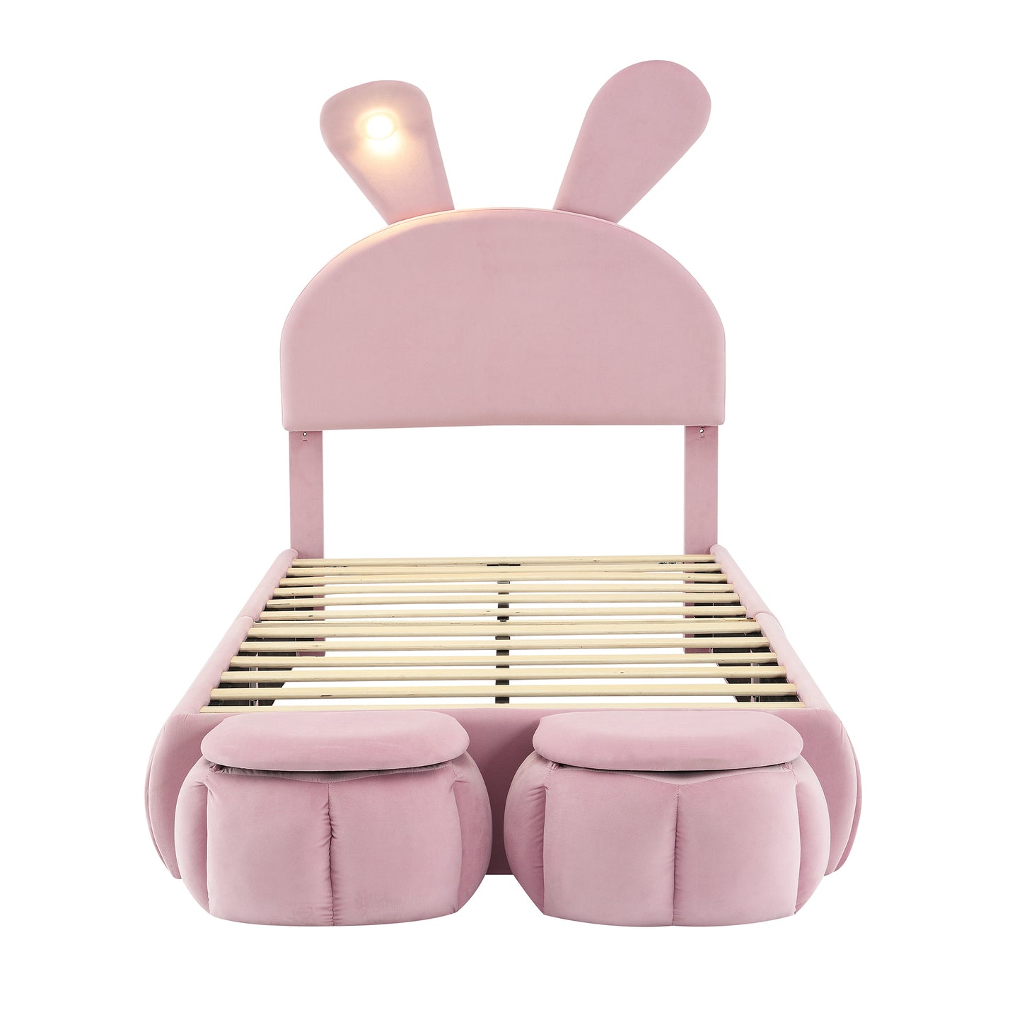 Twin Size Upholstered Platform Bed with Cartoon Ears Shaped Headboard and Light, Pink