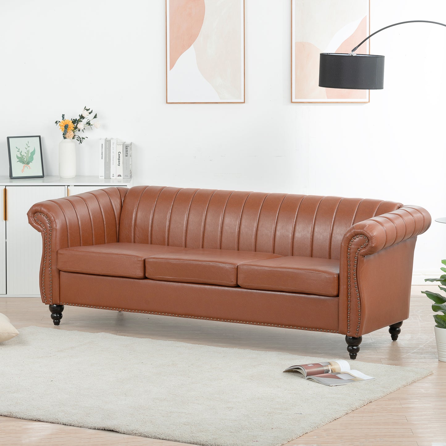 83.46" Brown PU Rolled Arm Chesterfield Three Seater Sofa.