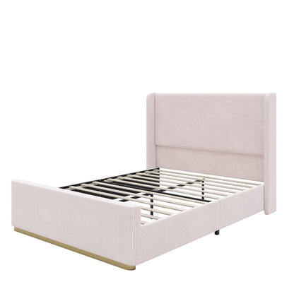 Queen Size Corduroy Upholstered Bed Frame with Vertical Stripe Wingback Headboard and High Footboard, Pink