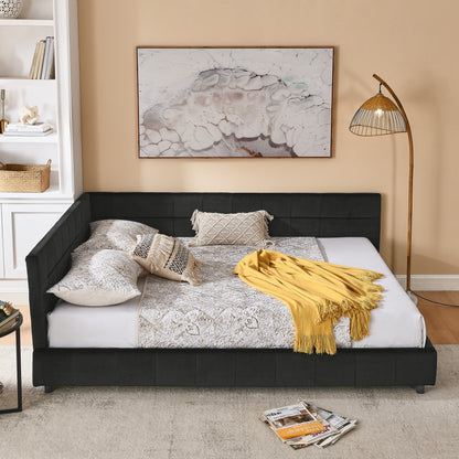 Queen Size Upholstered Tufted Bed Frame, Sofa Bed Frame with Comfortable Backrest and Armrests, Queen Size Bed for Bedroom, Living Room,Velvet, BLACK(85.5''*64.5''*30.5'')