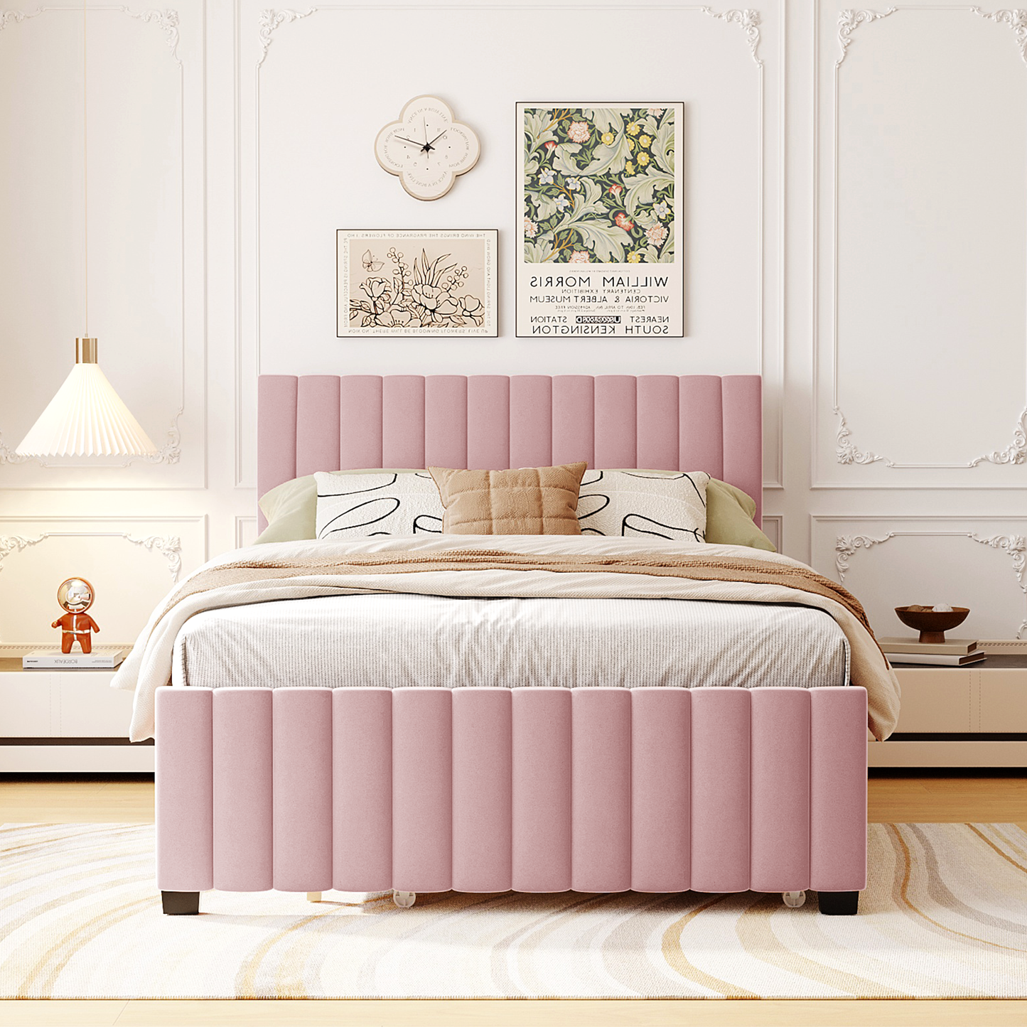 Full Size Velvet Upholstered Platform Bed with Twin Size Trundle, Pink