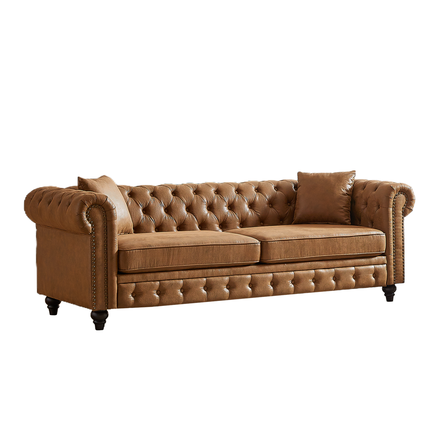 FX 85.5"Living Room with Tech Fabric Chesterfield Sofa with Rolled Arms 3 Seater Sofa with Button Design and 2 Cushions for Apartment, Office, Living Room