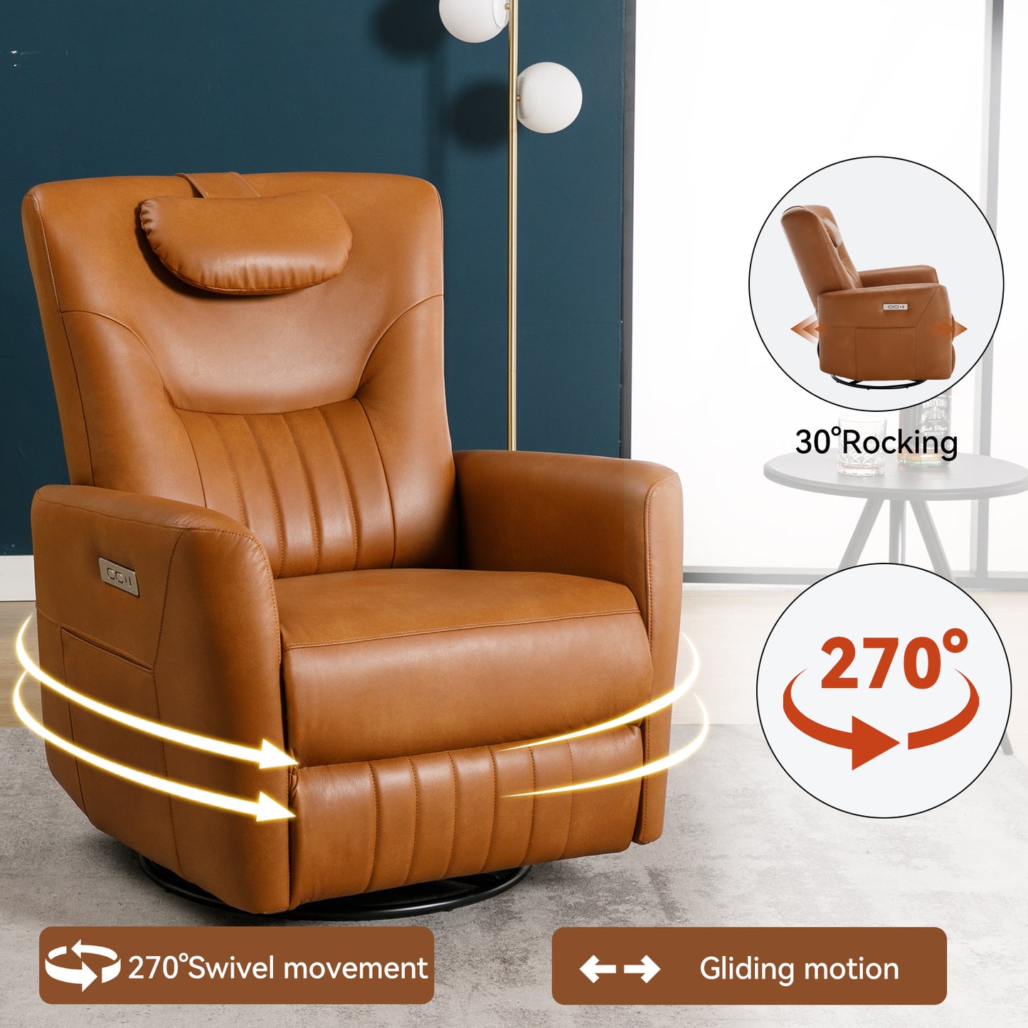 Yellow Brown Leatheraire Swivel and Rocker Power Recliner Chair with Lumbar and Neck Support Pillow, Heavy Duty Motion Mechanism with USB and Type-C