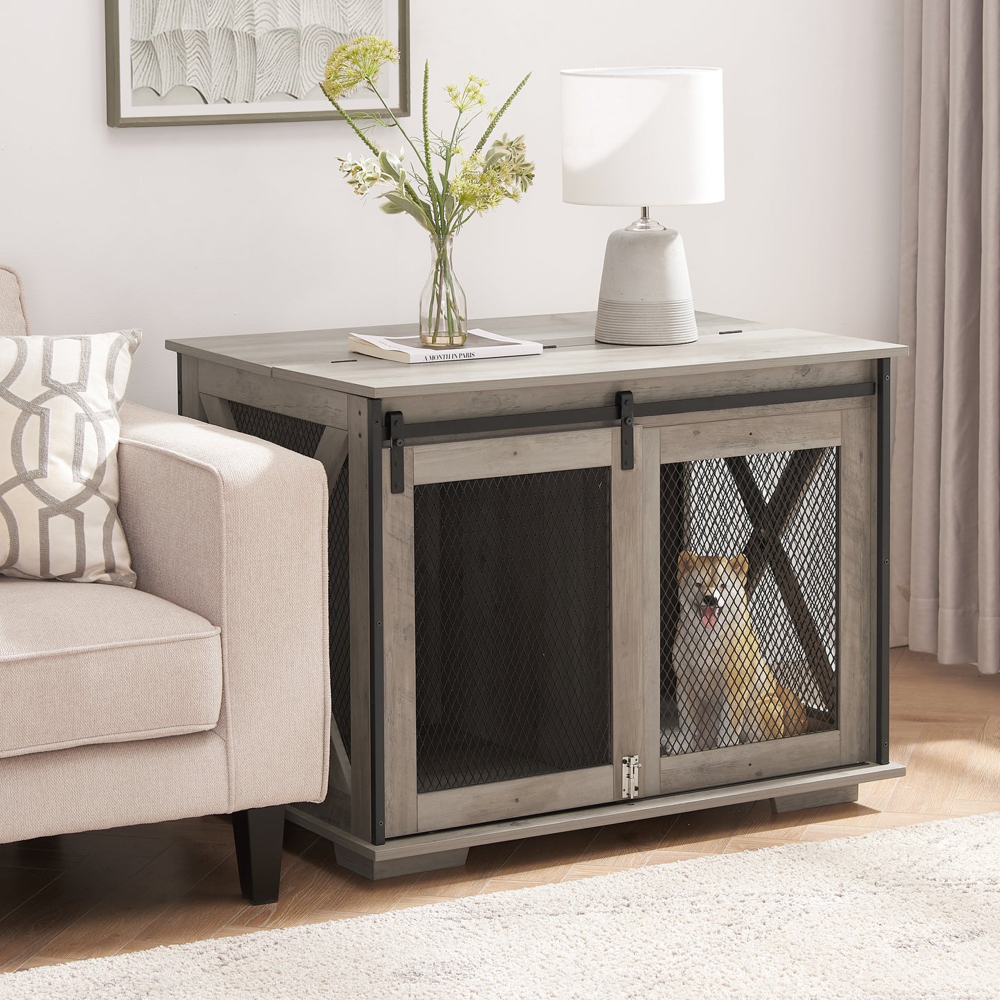 Farmhouse Dog Cage Crate Furniture with Sliding Barn Door,  Farmhouse Wooden Dog Kennel End Table with Flip-top Plate Dog House with Detachable Divider for Small/Medium/Large Dog Gray