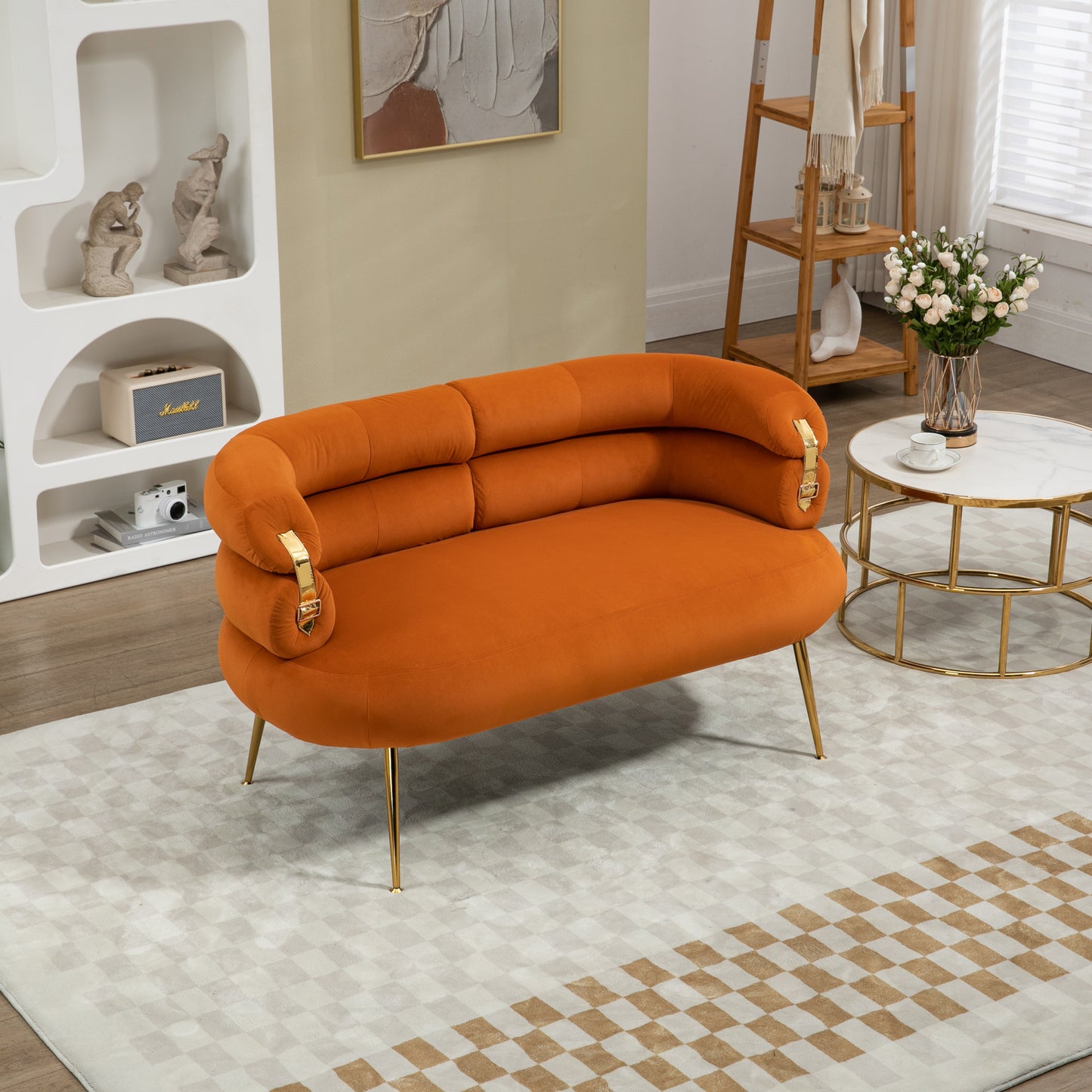 COOLMORE Small Loveseat Sofa, Upholstered Mini Couch with Curved Backrest with Stylish Golden Decor, Small Comfy Love Seat Leisure Accent Couch for Living Room, Bedroom, Office (Orange)