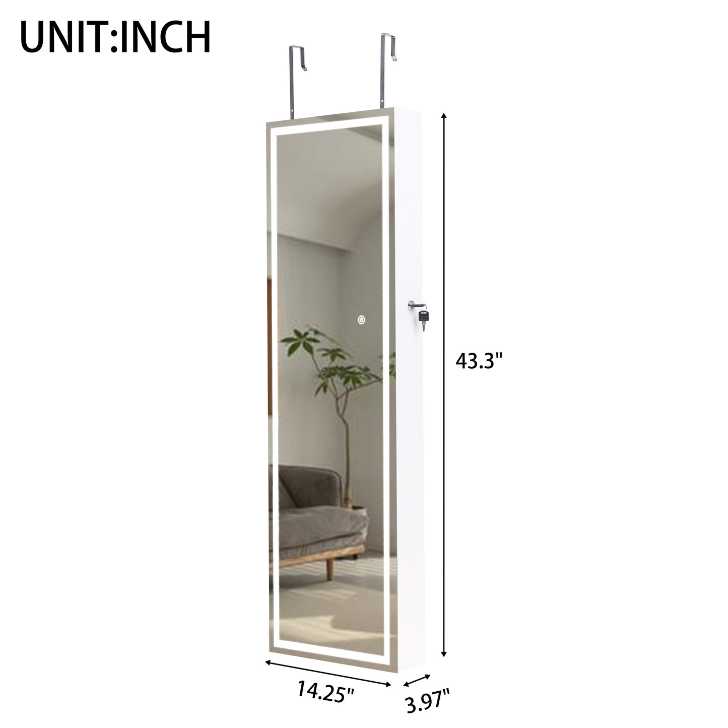 Full Mirror  Jewelry Storage Mirror Cabinet With LED Lights Can Be Hung On The Door Or Wall