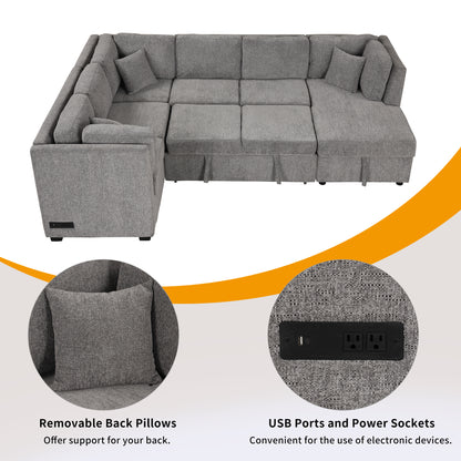 108.6" U-shaped Sectional Sofa Pull out Sofa Bed with Two USB Ports, Two Power Sockets, Three Back Pillows and a Storage Chaise for Living Room, Light Gray