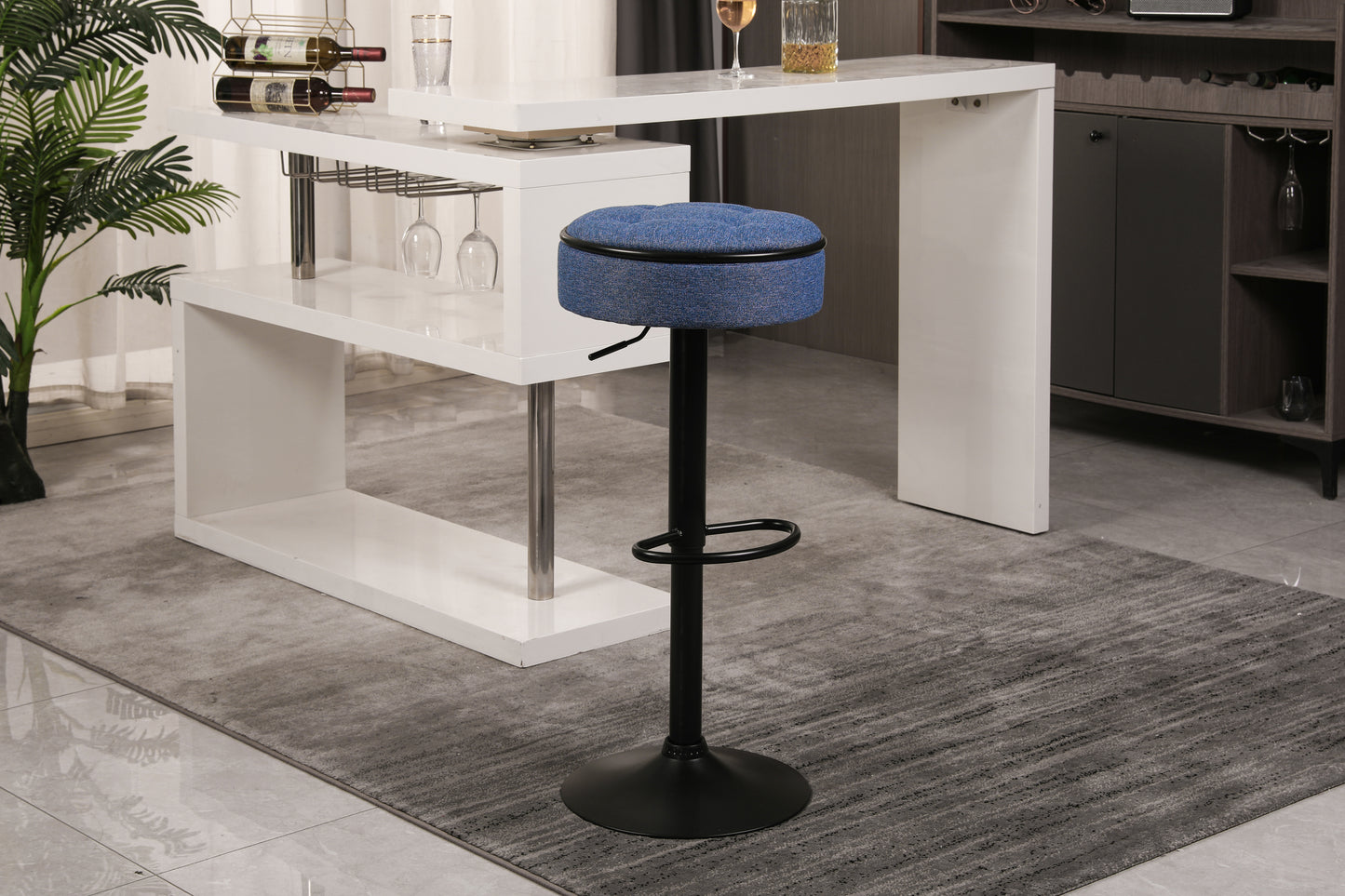 Round Storage Bar Stool Set of 2, Blue Linen Height Adjustable Barstool, 360°Counter Height Swivel Stool, Armless Bar Chair with Metal Frame for Kitchen Counter Dining Living Room