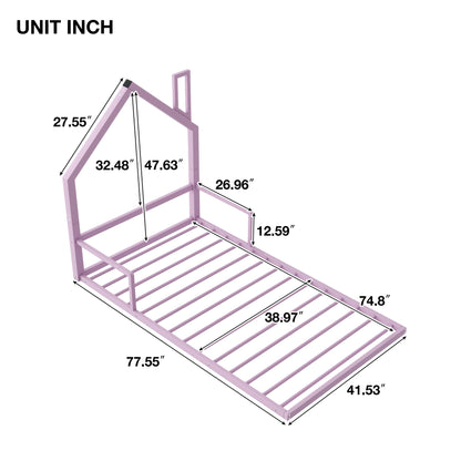 Twin Size Metal Floor Bed with House-shaped Headboard, Pink