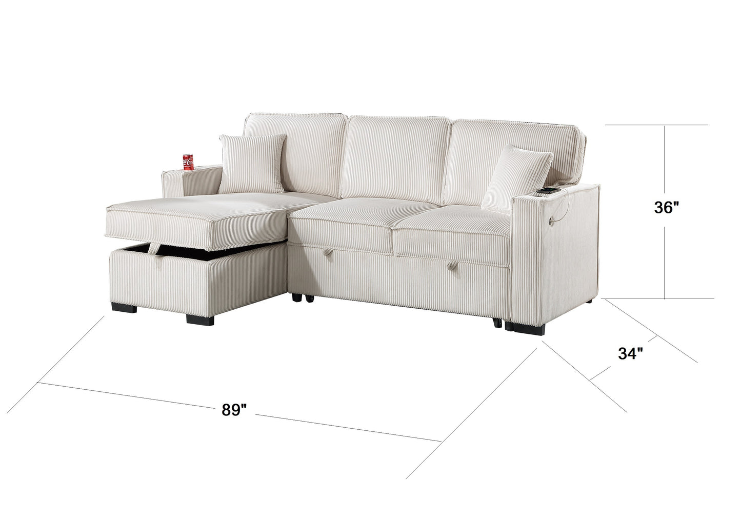 Convertible Sectional Beige Color Corduroy Reversible Chaise w Storage And Sofa Pull Out Bed Pillows Living Room 2pc Set