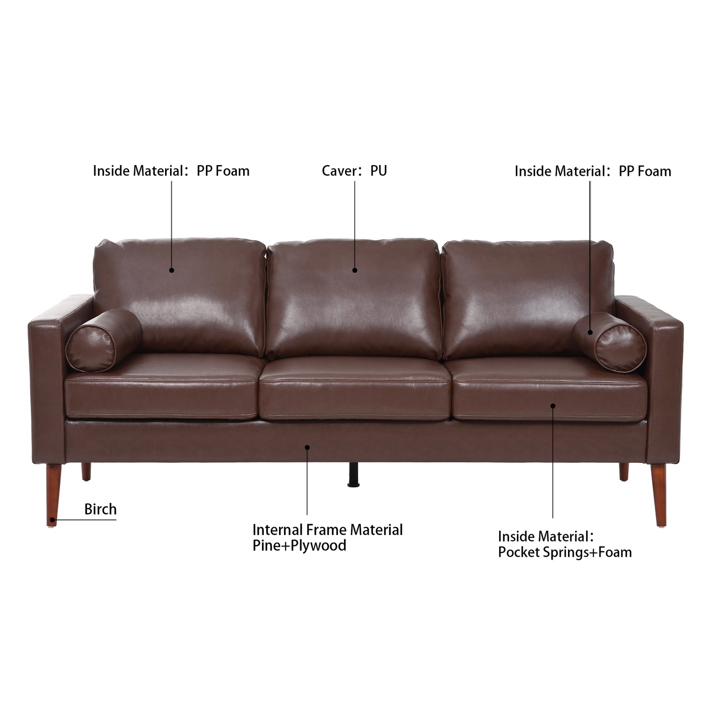 Small Sofa Couch 76.97 in . Brown 3 Seat Comfy Couches for Living Room, Mid Century Modern Couch with iron wood structure , Soft Cushion Sofa for Home/Office/Apartment,