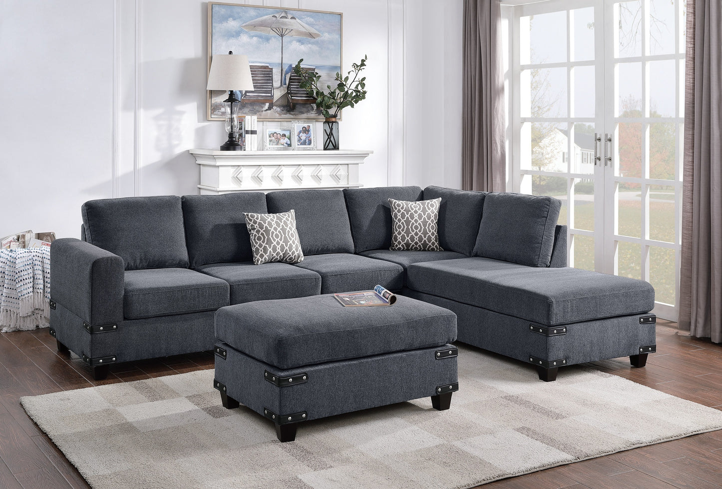 Living Room Furniture Charcoal Chenille Sectional w Ottoman Linen Like Fabric Sofa Reversible L/R Chaise Ottoman 3pc Sectional Sofa