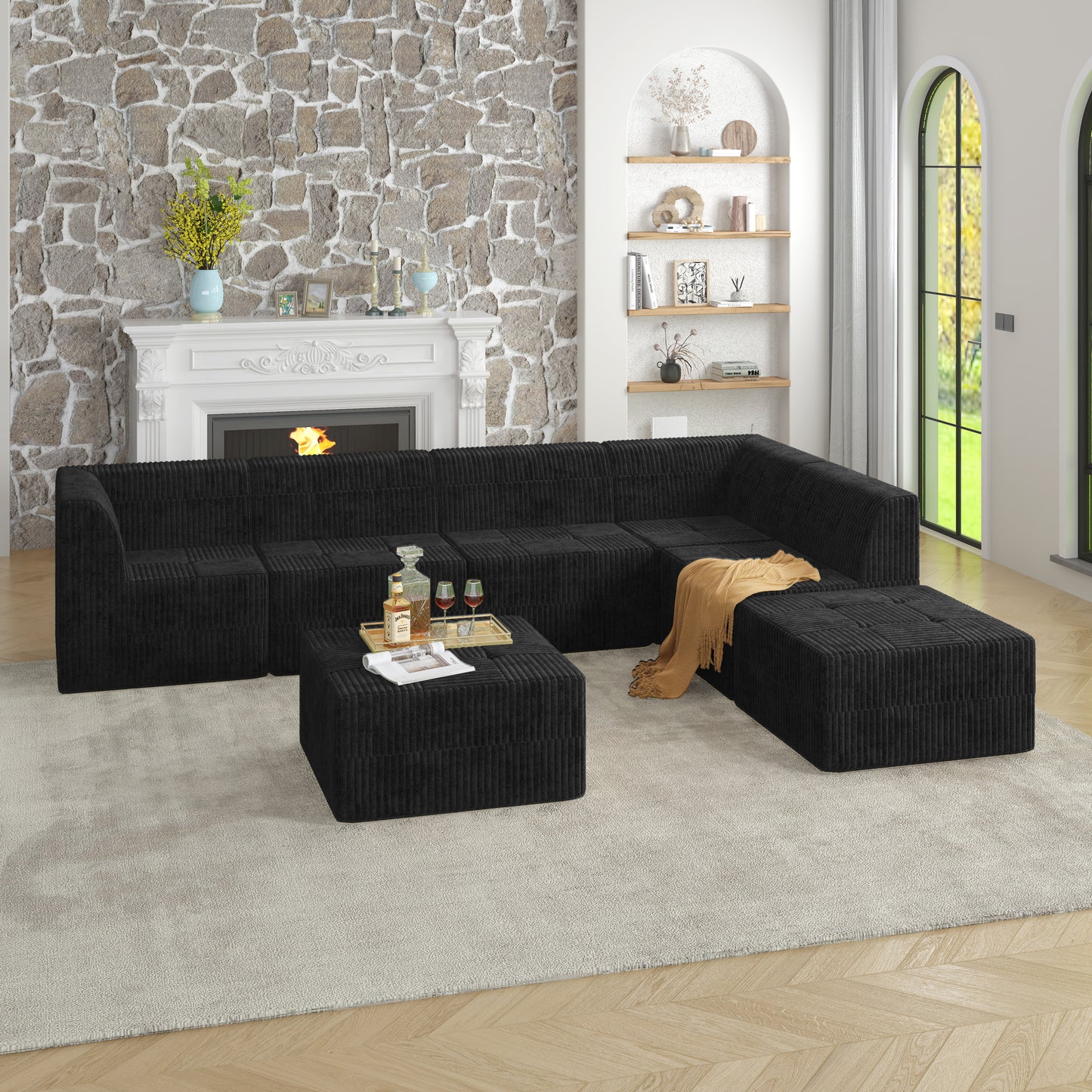 L shape Modular Sectional Sofa,DIY Compressed Sectional Sofa Modern Minimalist Style Corduroy Couch, Sleeper Sofa for Living Room, Bedroom, Comfy Compressed Sofa Couch Space-Efficient Design-black