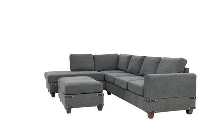 Living Room Furniture Charcoal Chenille Sectional w Ottoman Linen Like Fabric Sofa Reversible L/R Chaise Ottoman 3pc Sectional Sofa