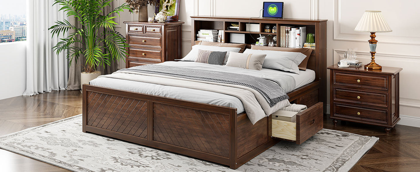 King Size Wood Platform Bed with Multi-storage Headboard, USB and Drawers, Antique Wood Color