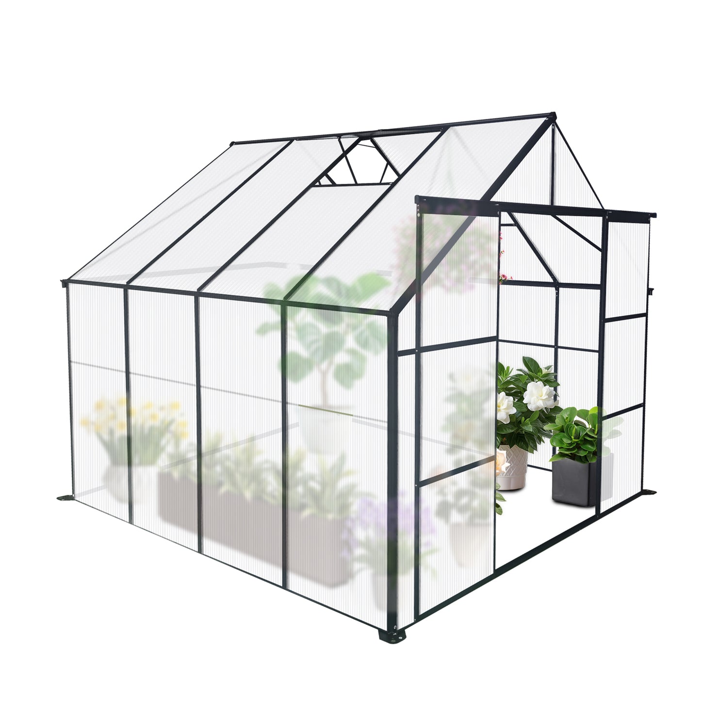 8x8 FT Double Door Polycarbonate Greenhouse Raised Base and Anchor Aluminum Heavy Duty Walk-in Greenhouses for Outdoor Backyard in All Season,Black