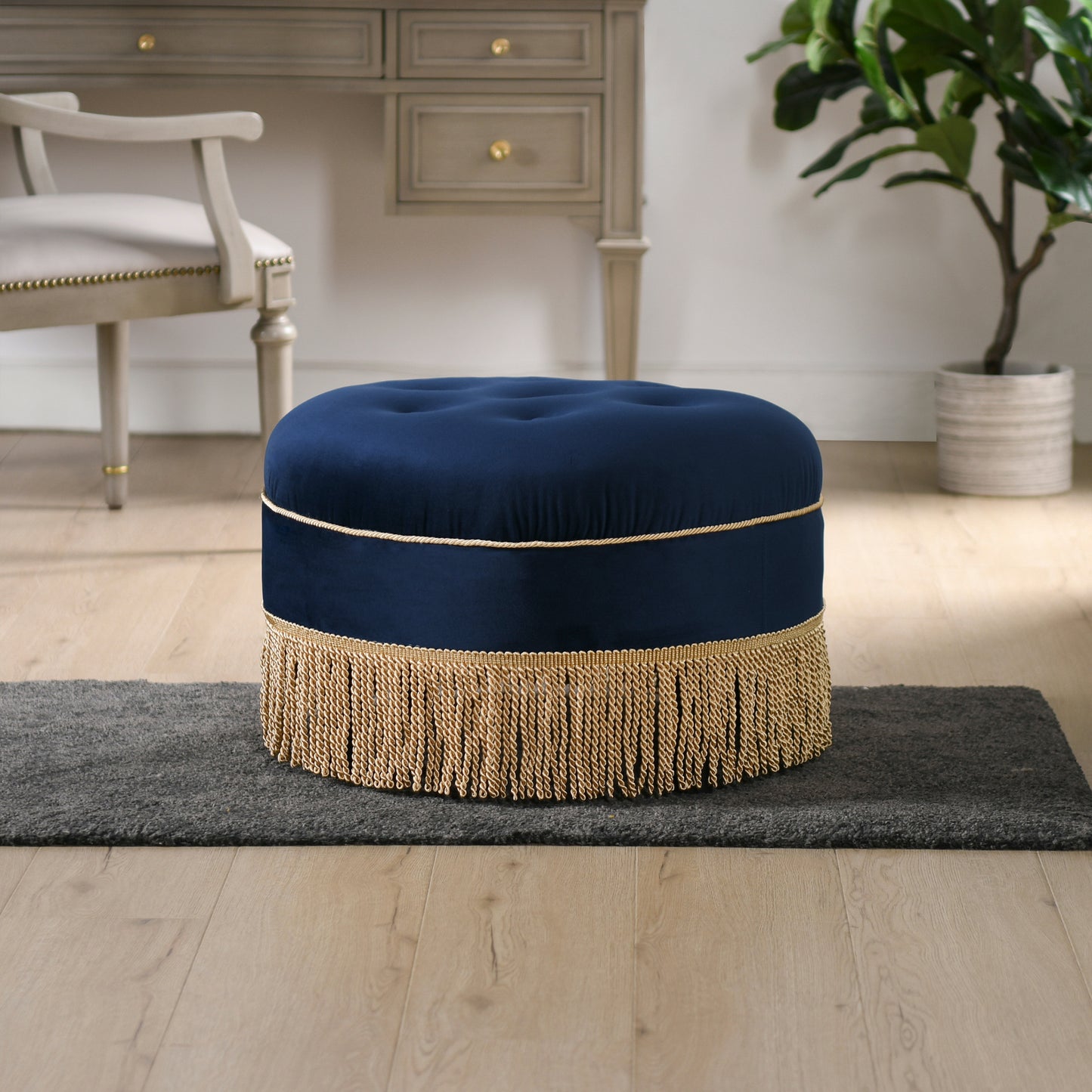 Yolanda 24' Round Upholstered Accent Ottoman, Navy Blue Velvet with Gold Trim
